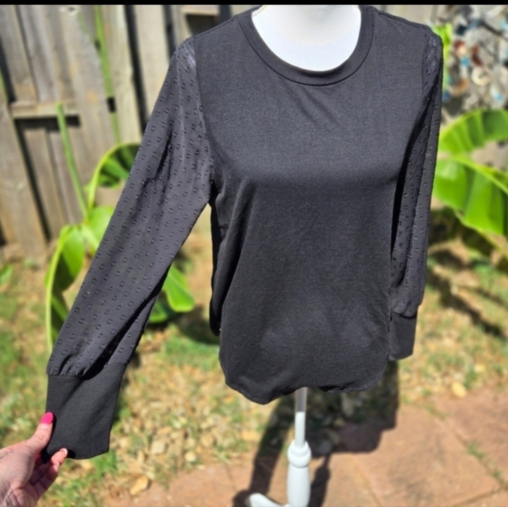 Skies Are Blue Small Black Textured Sheer Sleeve Button Back Office Chic Classic